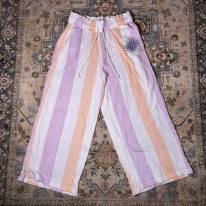 Out From Under Urban Outfitters Woven Stripe Beach Pants White Sun Logo Wide Leg
